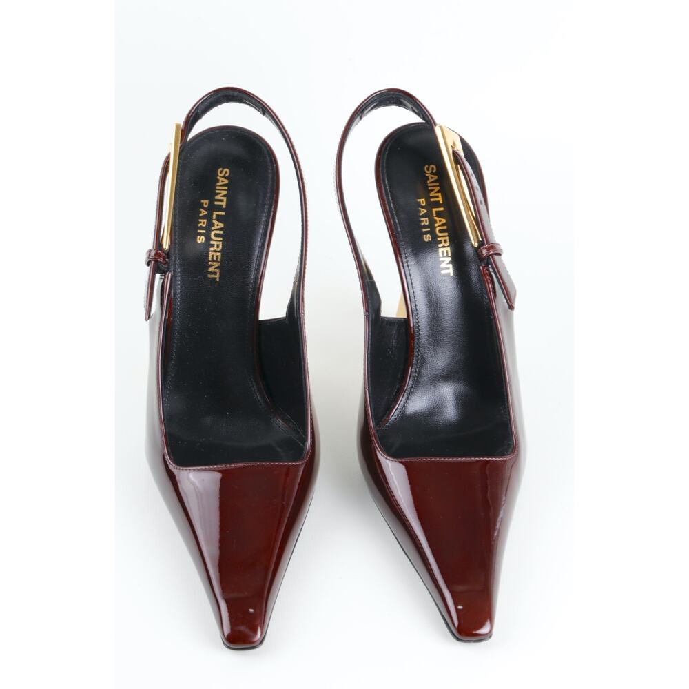 Saint Laurent Lee Burgundy Patent Leather Slingback Pointed Toe Heels Gold 37 - Picture 6 of 16
